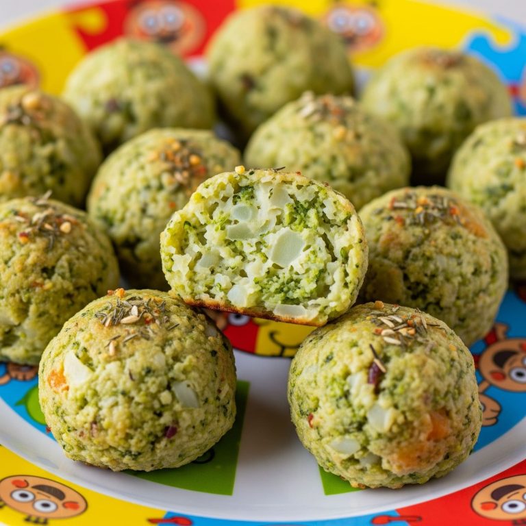 Grüne Snackbällchen mit Quark, Spinat und Gewürzen auf buntem Teller.