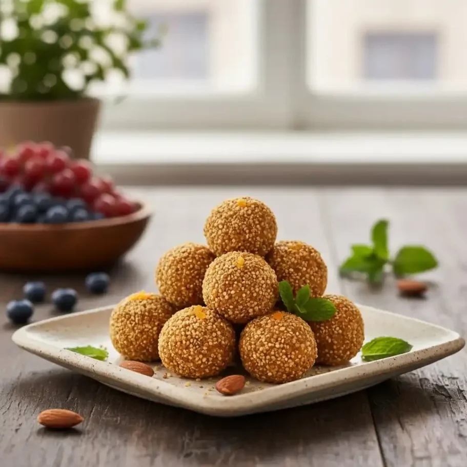 Goldene Energiemöglichkeiten auf einem weißen Teller, dekoriert mit Mandeln und Minze.