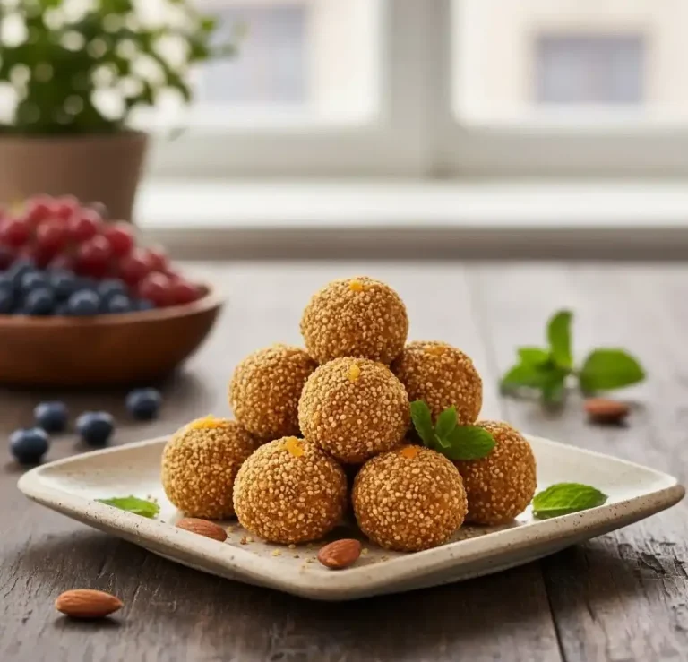 Eine Pyramide aus goldenen, kugelförmigen Snacks auf einem Teller, umgeben von Beeren.