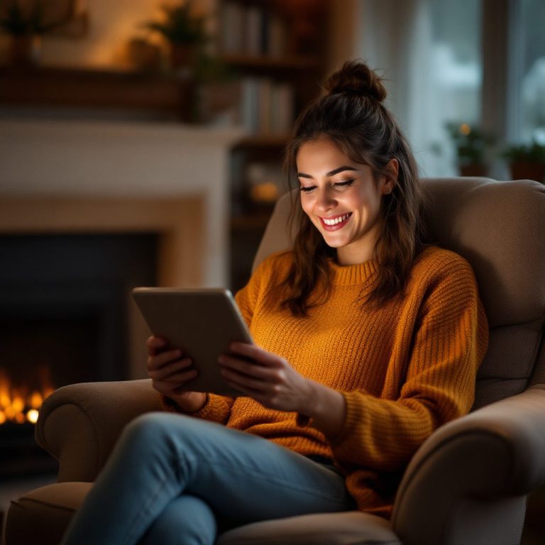 Frau sitzt in einem Sessel mit einem Tablet und lächelt in einem gemütlichen Raum.