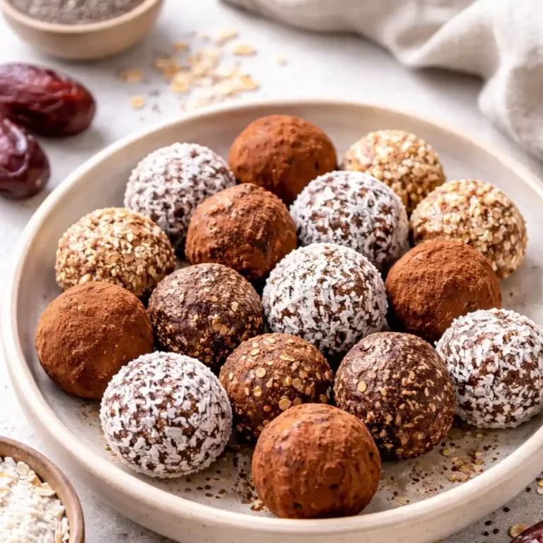 Platte mit verschiedenen Energiekugeln in Schokoladen- und Nussüberzug.