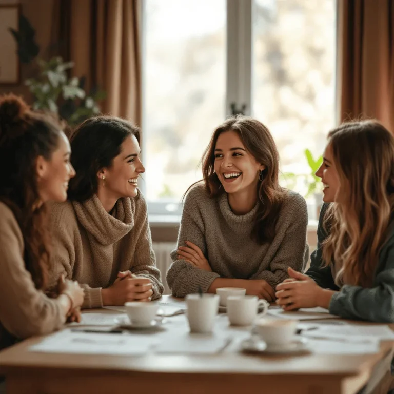 Vier Frauen lächeln und unterhalten sich an einem Tisch mit Tassen und Unterlagen.