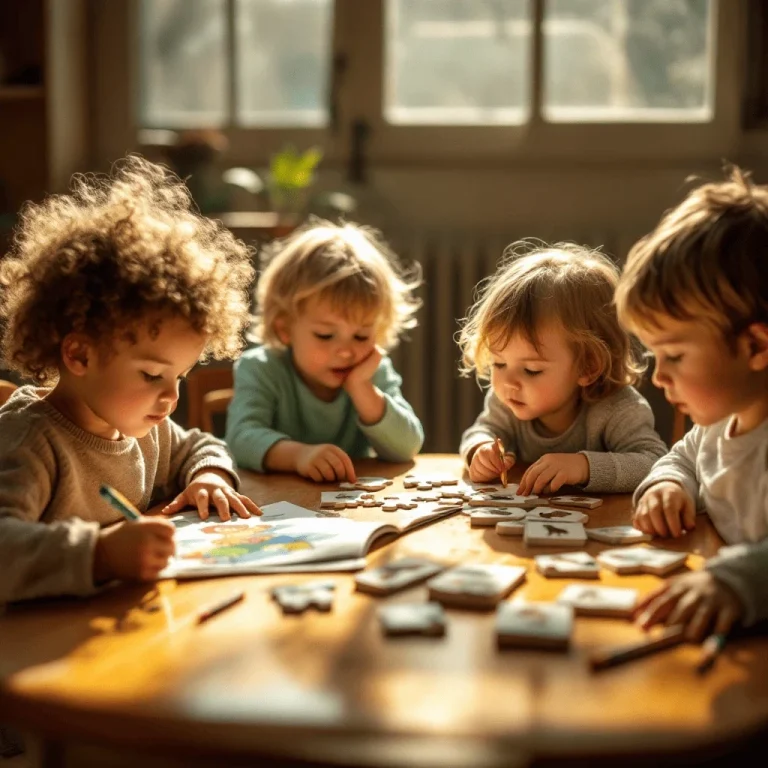 Vier Kinder sitzen an einem Tisch und spielen mit Spielzeug und Malutensilien.