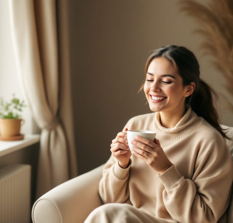 Junge Frau in beiger Kleidung hält eine Tasse Kaffee und lächelt entspannt.