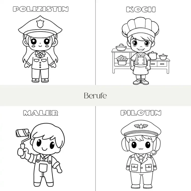 Vier niedliche, skizzierte Charaktere: Polizist, Koch, Maler und Pilot.