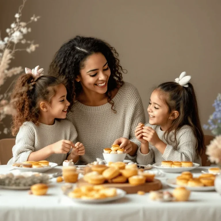 Gesunde Osterrezepte für Kinder Mutter und zwei Töchter genießen einen Kaffeetisch mit Gebäck und kleinen Süßigkeiten.