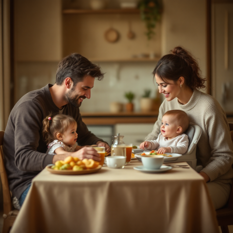 Familie beim Frühstück an einem Tisch, mit fröhlichen Kindern und Essen.