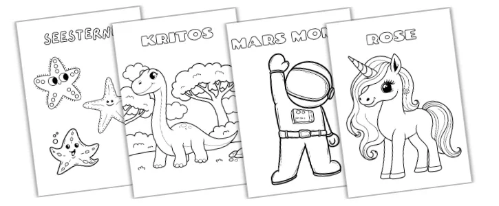 Vier Ausmalbilder: ein Astronaut, ein Einhorn, Dinosaurier und Sterne.