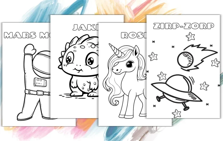 Vier Ausmalbilder: ein Astronaut, ein Einhorn, Dinosaurier und Sterne.