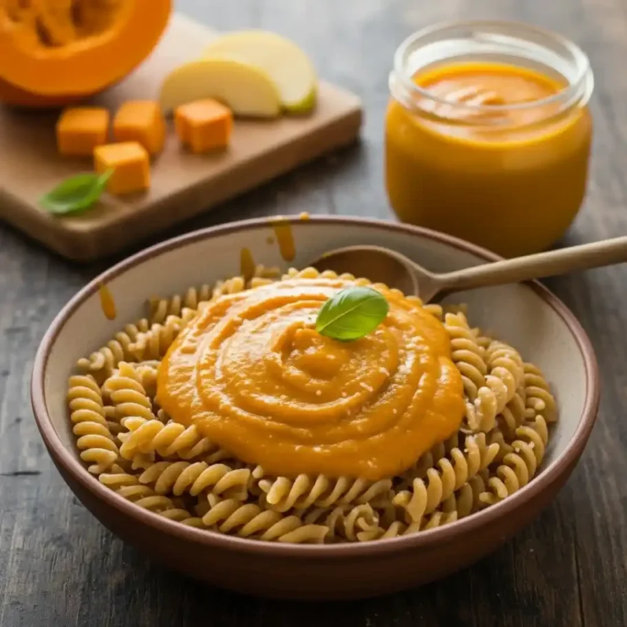 Vollkornnudeln mit Kürbissauce, garniert mit frischem Basilikum und Kürbisstücken.