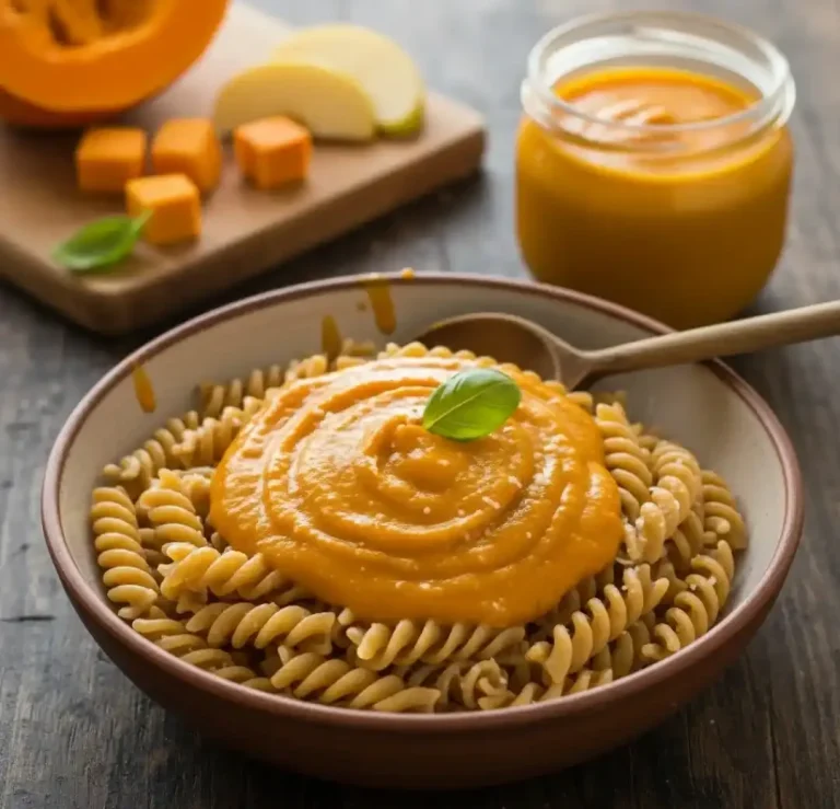 Vollkornnudeln mit Kürbispüree in einer Schüssel, umgeben von Kürbisstücken.