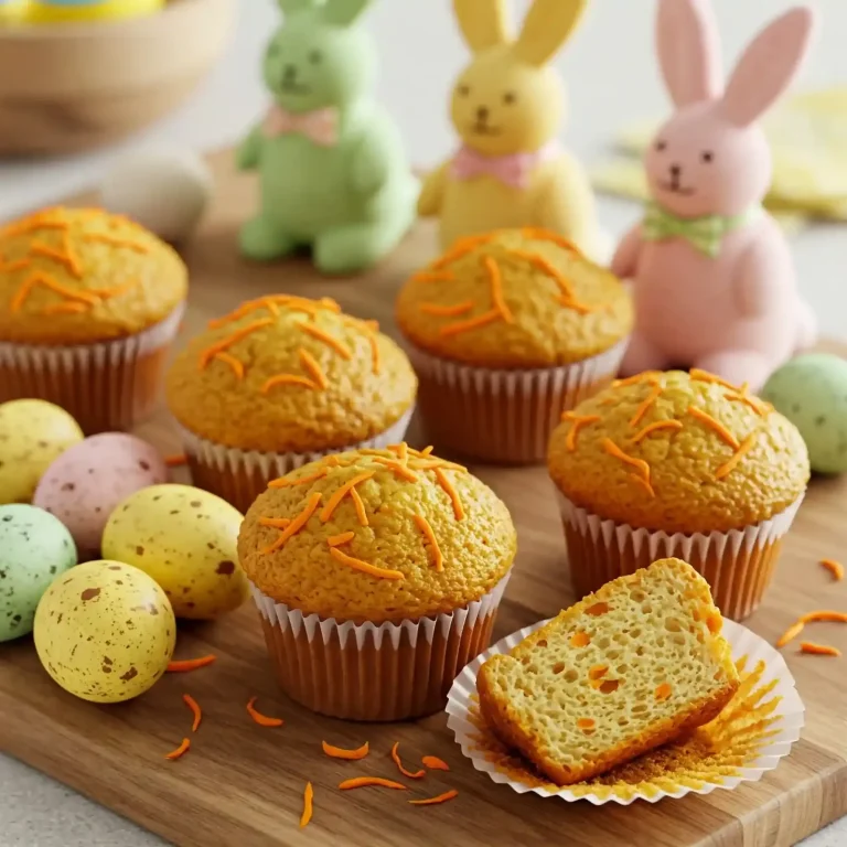 Leckere Muffins mit orangem Zuckerguss, umgeben von bunten Schokoladeneiern und Osterhasen.