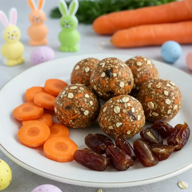 Gesunde Energiebällchen aus Karotten, Haferflocken und Datteln, serviert mit Karottenscheiben.