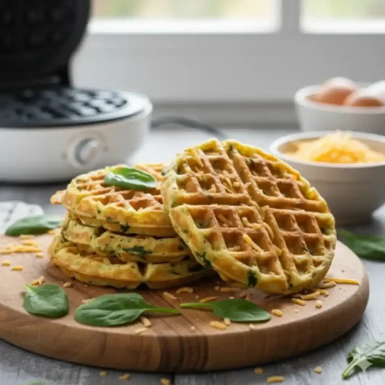 Herzhafte Waffeln mit Spinat, Käse und Zutaten auf einem Holzbrett präsentiert.