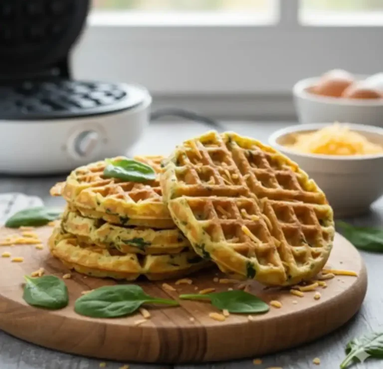 Herzhafte Waffeln aus Spinat und Käse auf einem Holzbrett, daneben Zutaten.