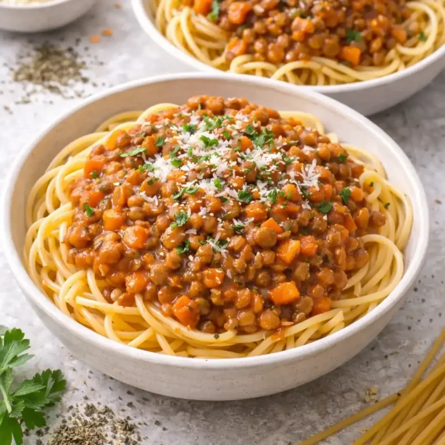 Spaghetti mit Linsen-Bolognese und Parmesan, garniert mit frischen Kräutern.