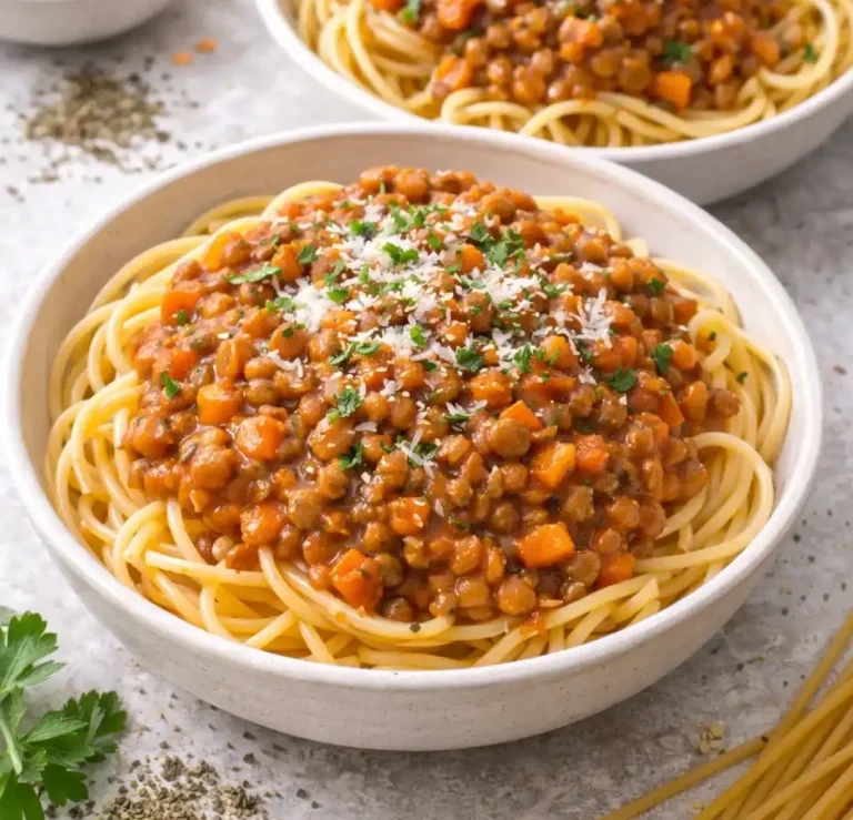 Bunte Risotto-Pfanne mit Gemüse, Erbsen und roten Paprika, dampfend heiß.