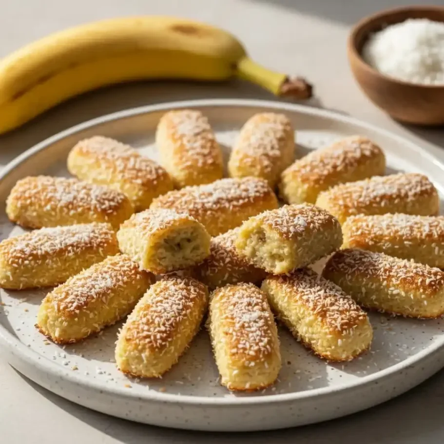 Platte mit Kokosgebäck und einer Banane, dekoriert mit Kokosraspeln.