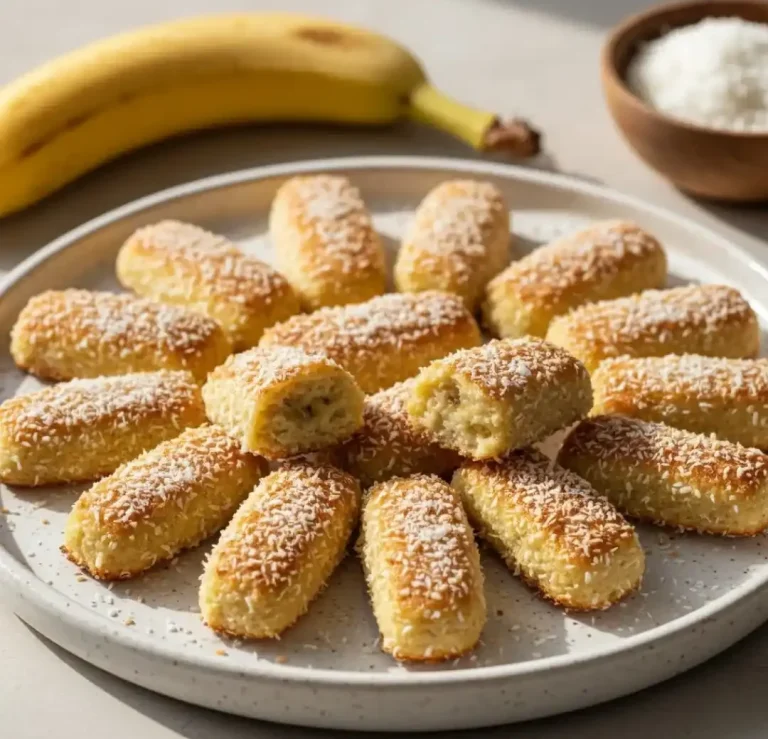 Kleine gebackene Leckerbissen mit Banane, bestreut mit Zucker, auf einem Teller angerichtet.