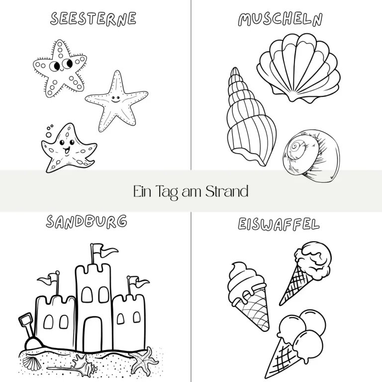 Vier Ausmalbilder: Sterne, Muscheln, Sandburg und Eiskugeln.