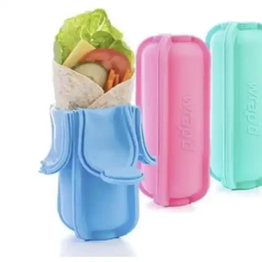 Drei bunte Silikonbehälter für Wraps in Blau, Pink und Mintgrün.