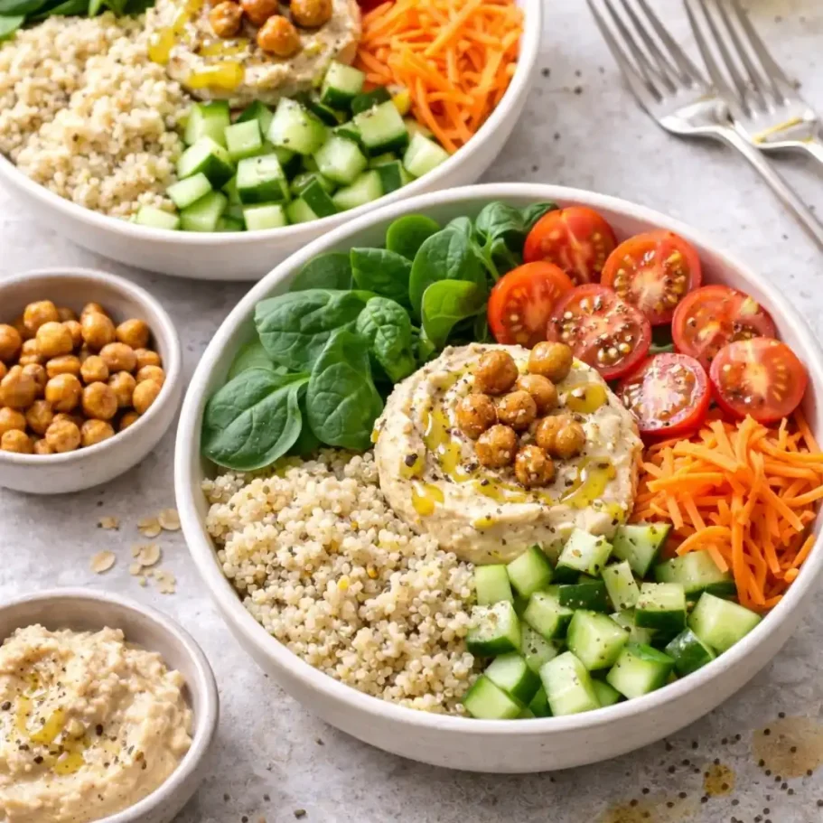 Bunte Schüssel mit Quinoa, Kichererbsen, Gurken, Spinat, Karotten und Tomaten.