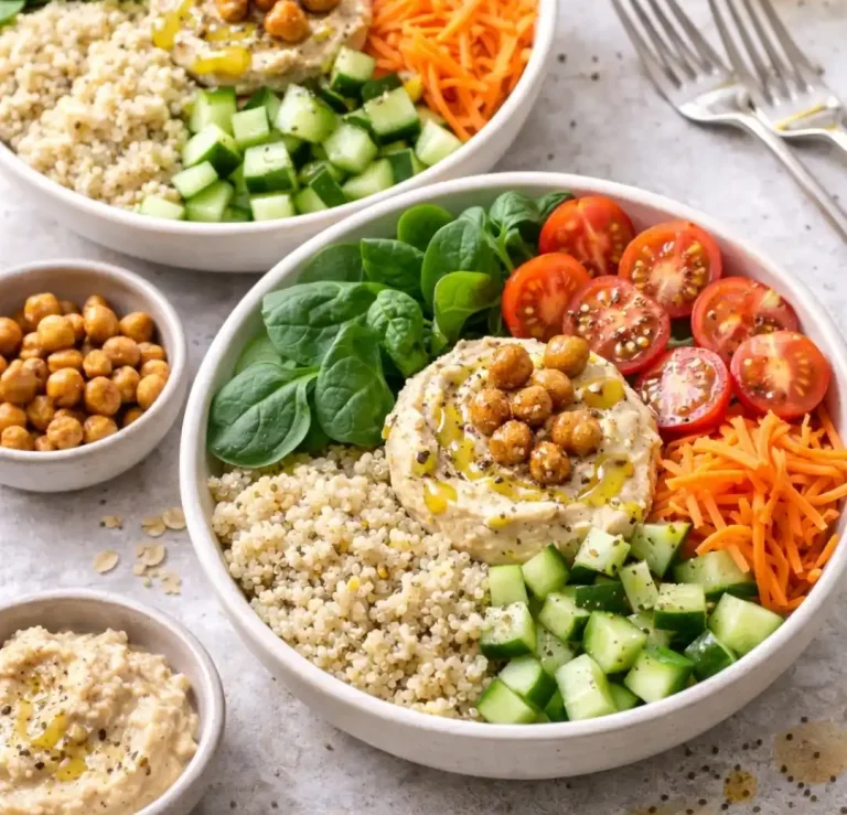 Bunte Schalen mit Quinoa, Gemüsestreifen, Kichererbsen und Hummus.
