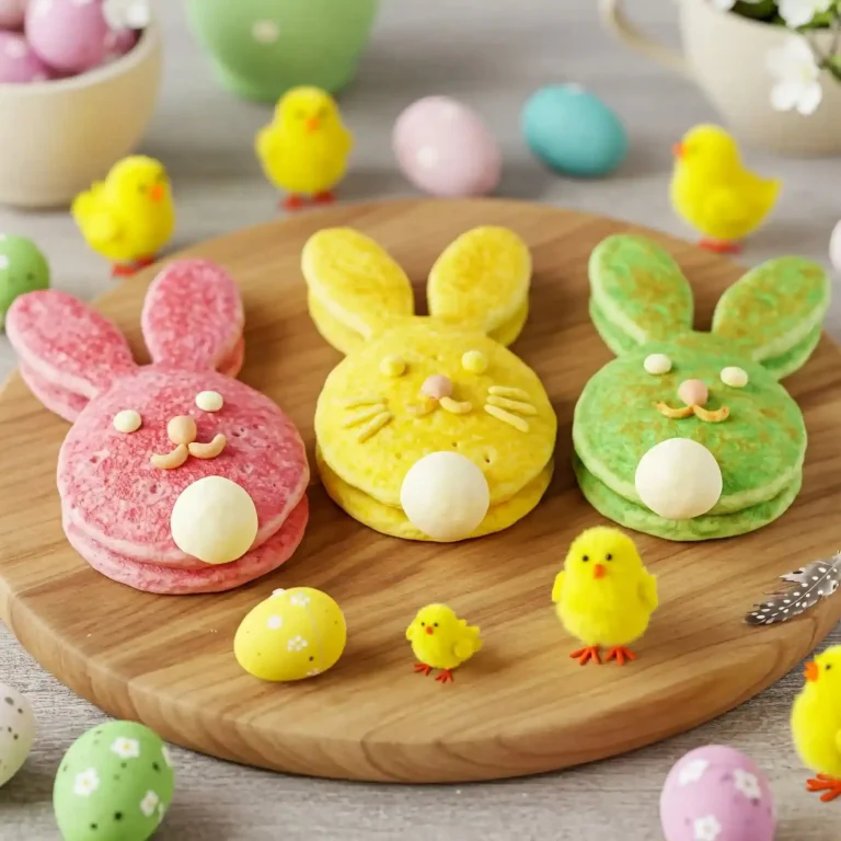 Bunte Hasen-Makronen in Pink, Gelb und Grün, umgeben von süßen Küken und Eiern.