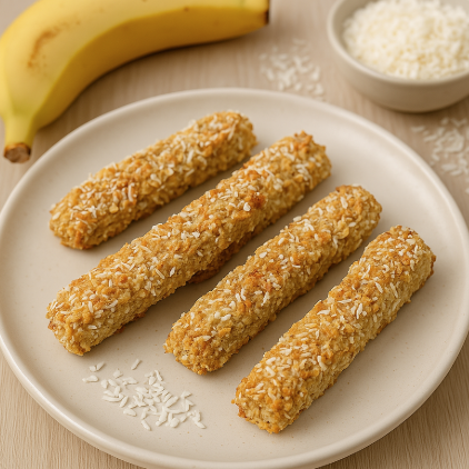 Gebackene, mit Sesam überzogene Riegel neben einer Banane und Schüssel mit Kokosraspeln.