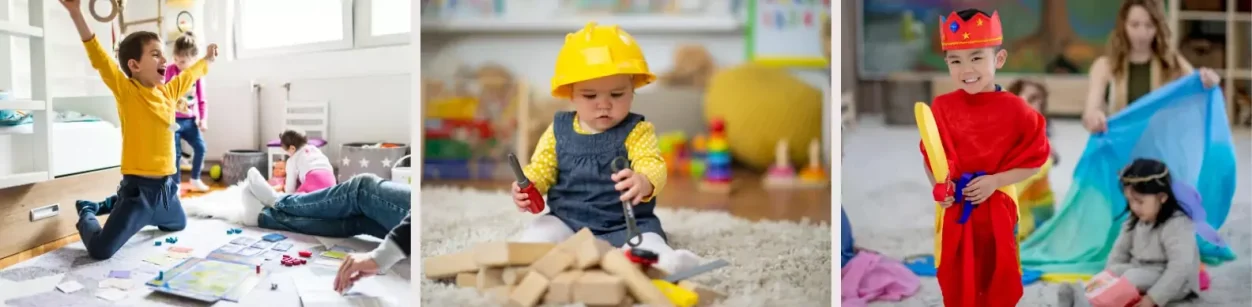 Kinder spielen und verkleiden sich in einem hellen, kreativen Raum mit Spielzeug.