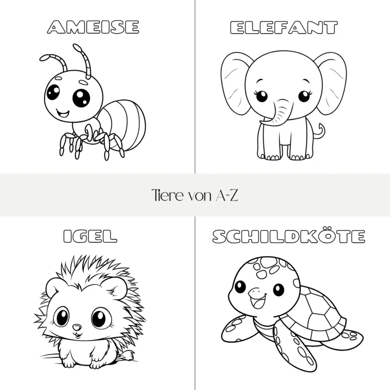 Vier niedliche Tiere: Ameise, Elefant, Igel und Schildkröte, gezeichnet im Malstil.