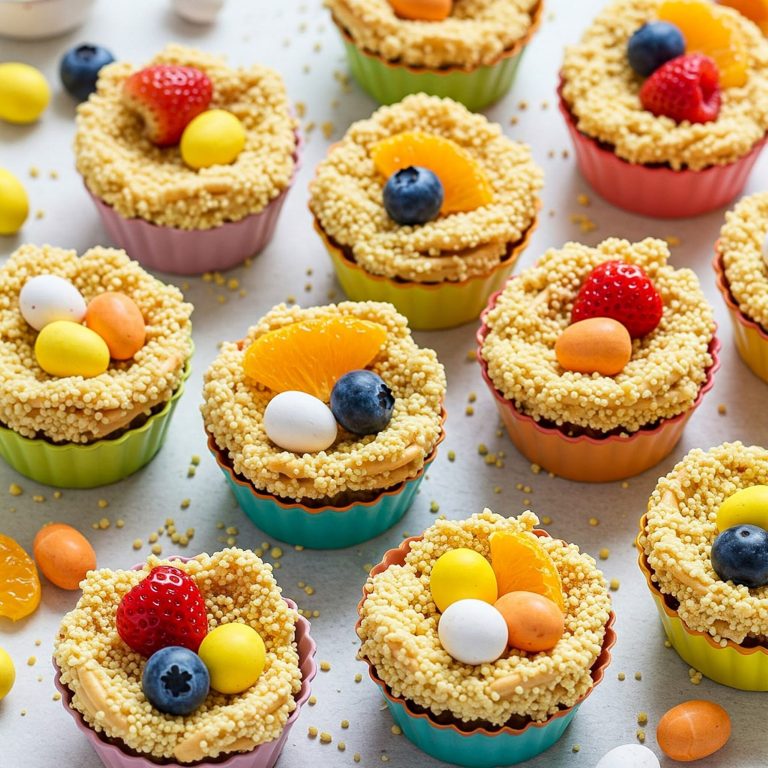 Bunte Cupcakes mit Fruchtbelag und bunten Zuckereiern in kleinen Förmchen.