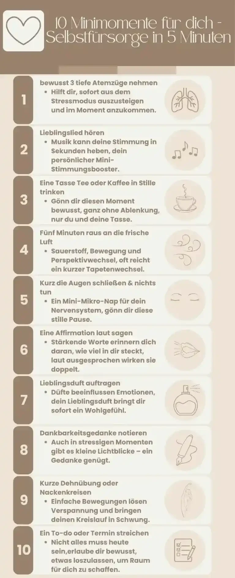 Übersicht mit 10 selbstfürsorge-Tipps bei begrenzter Zeit