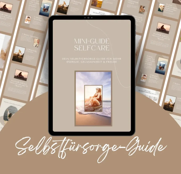 Tablet mit einem selbstfürsorglichen Guide auf einem neutralen Hintergrund.