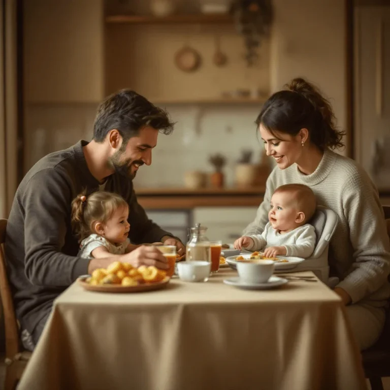 Familie beim Frühstück an einem Tisch, mit fröhlichen Kindern und Essen.