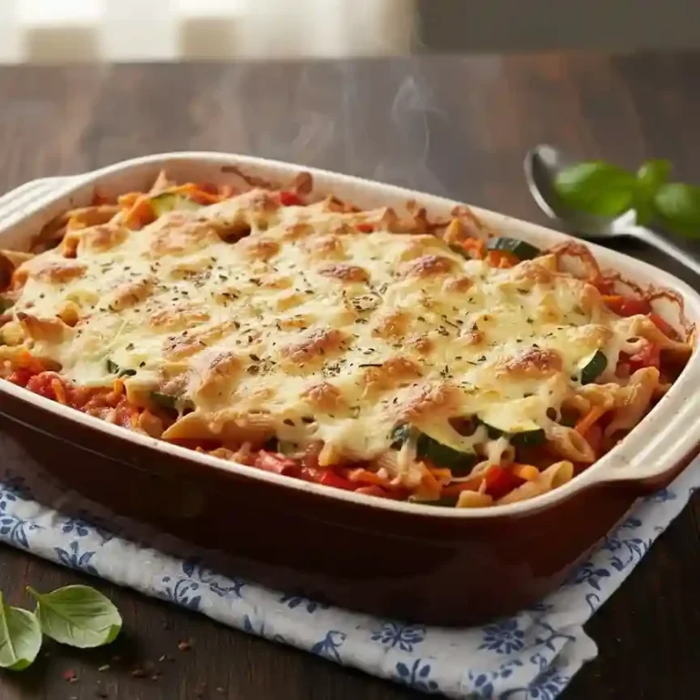 Überbackene Pasta mit Gemüse und Käse in einer Auflaufform.
