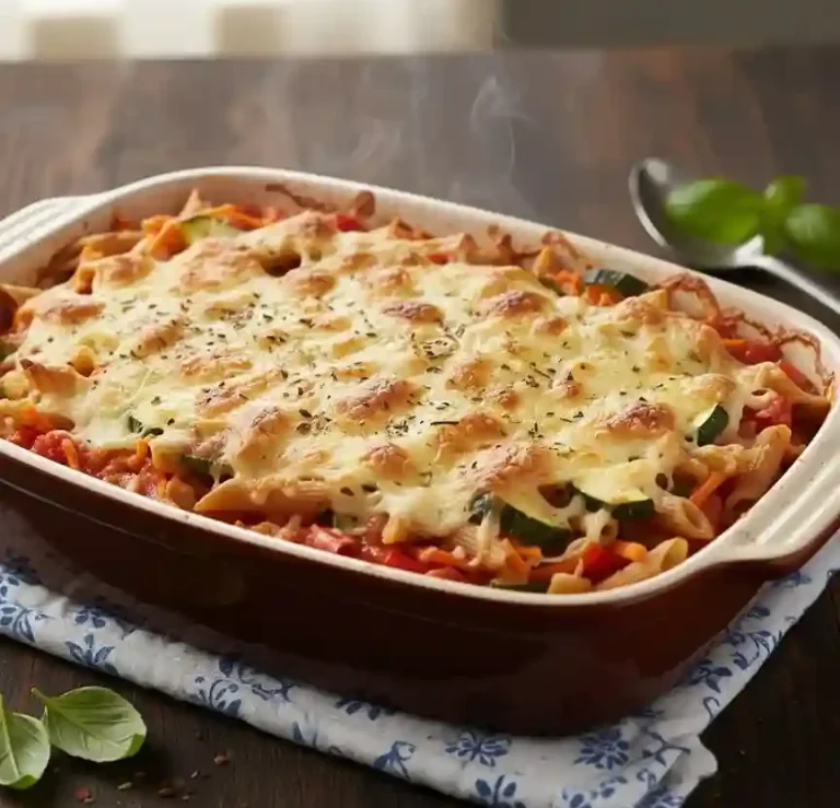 Auflauf mit Nudeln, Tomatensauce und geschmolzenem Käse, garniert mit Kräutern.