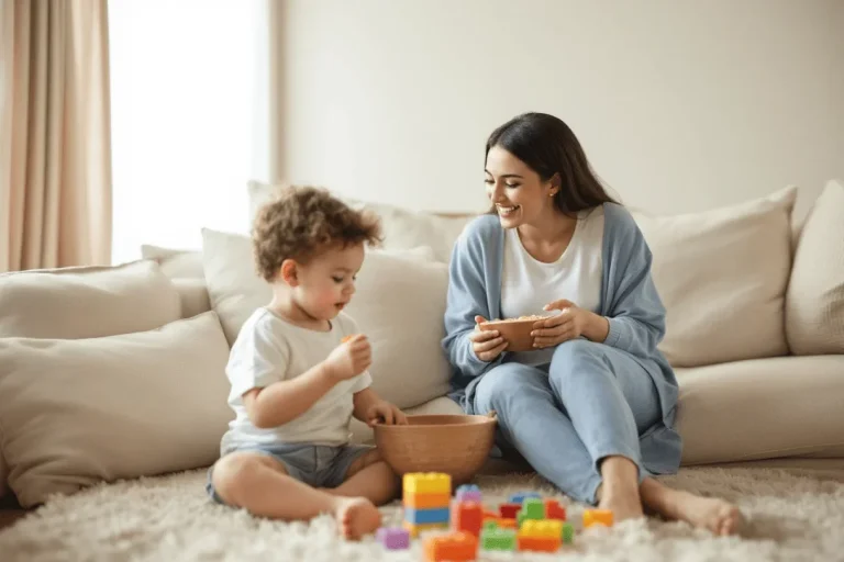Freizeitspaß mit kleinem Budget Eine Mutter sitzt mit ihrem Sohn auf dem Boden und spielt mit bunten Bausteinen.