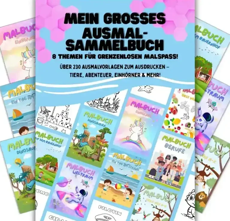 Cover des Ausmalbuchs mit verschiedenen bunten Illustrationen und Titeln.