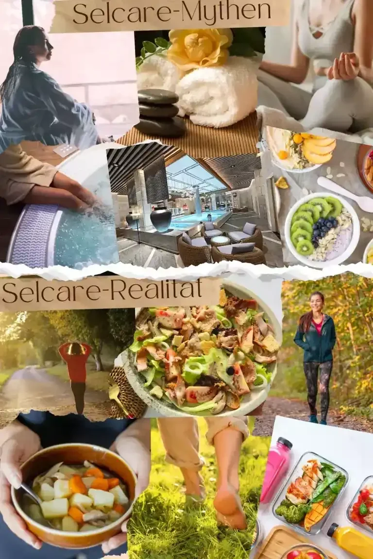 Collage mit Bildern von Essen, Freizeitaktivitäten und Naturerlebnissen.