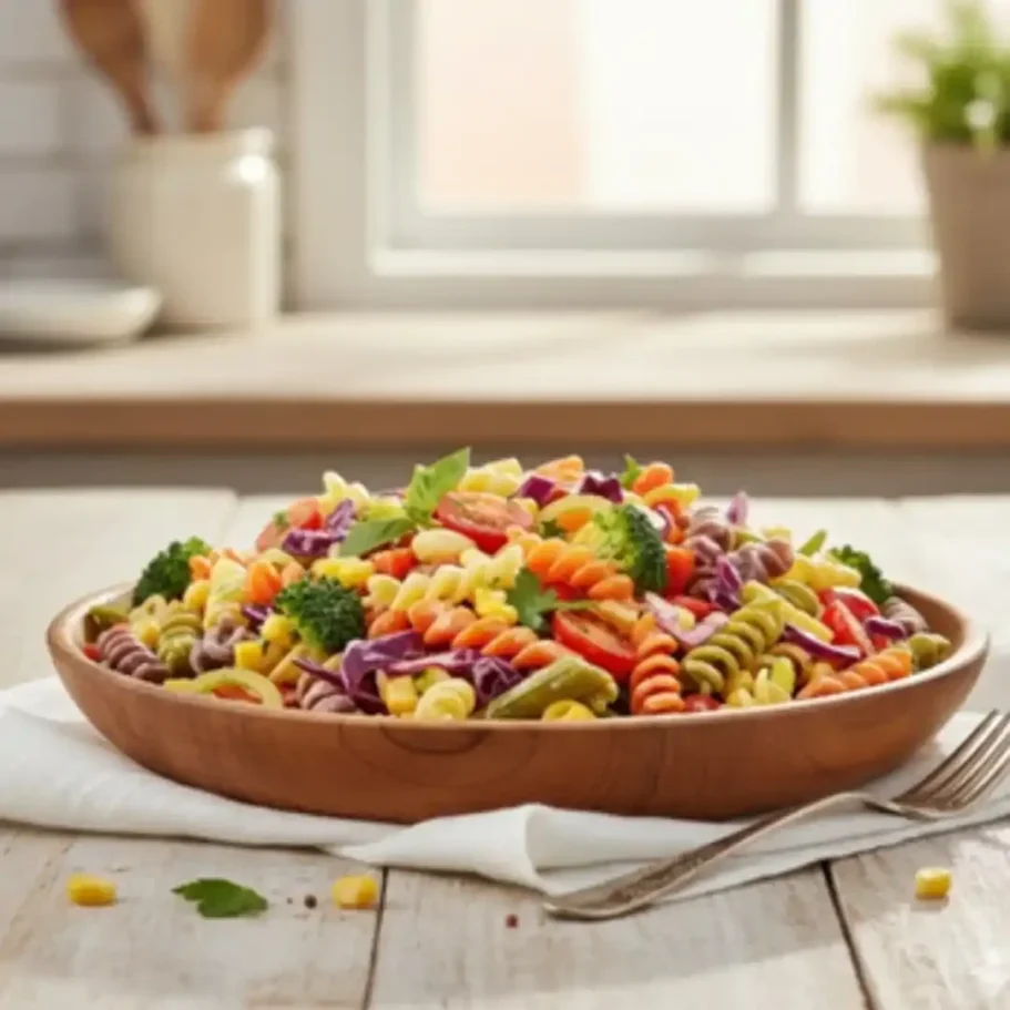 Bunter Nudelsalat mit Gemüse in einer Holzschale auf einem Tisch.