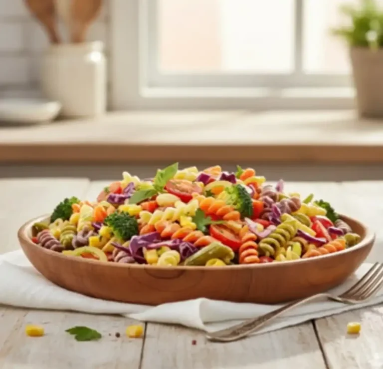 Bunt gemischte Pasta mit Gemüse in einer Holzschale auf einem Tisch.