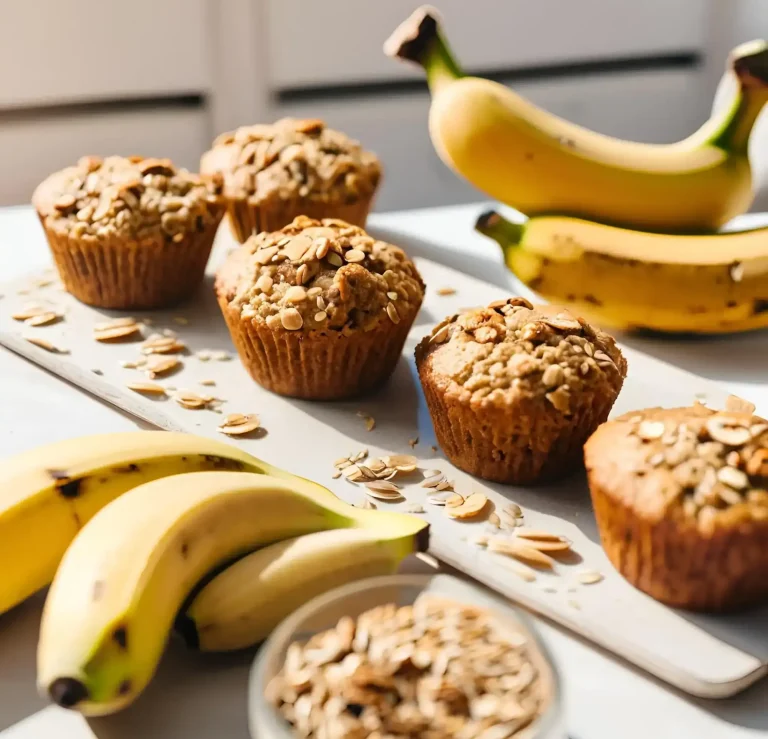 Bananenmuffins mit Haferflocken, frische Bananen und Haferflocken auf einem Tisch.