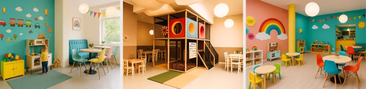 Bunte Kinderspiellandschaft mit verschiedenen Spielbereichen und farbenfrohen Wänden.