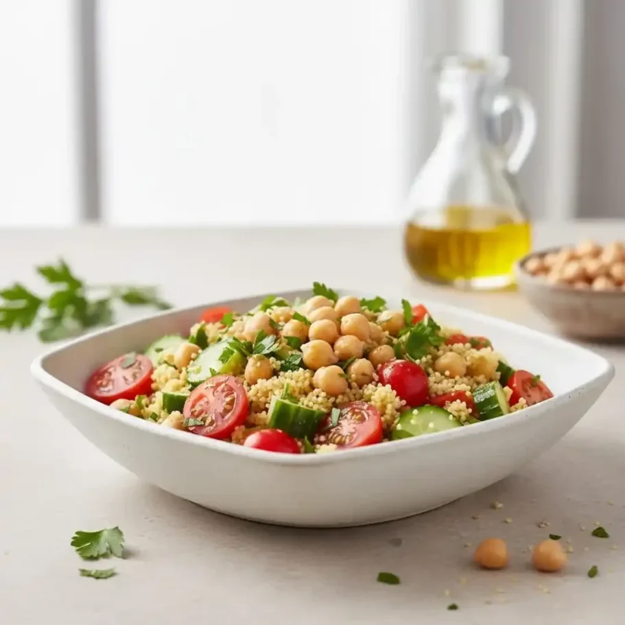 Eine Schüssel mit Couscous, Kichererbsen, Gurken und Cherrytomaten.