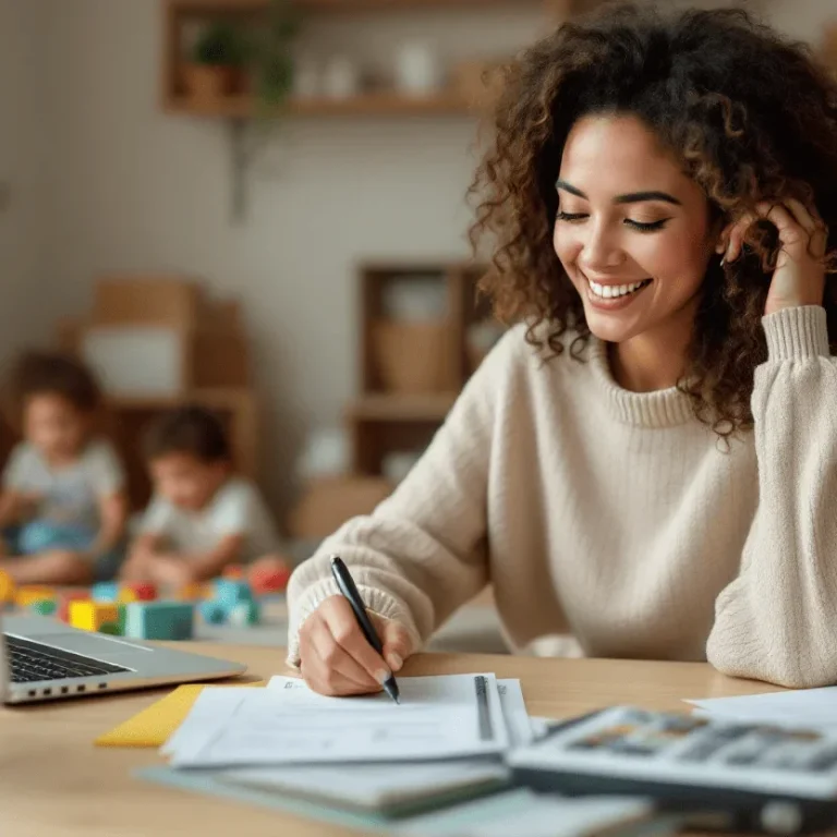Frau in beiger Pullover lächelt beim Schreiben am Schreibtisch, Kinder spielen im Hintergrund.