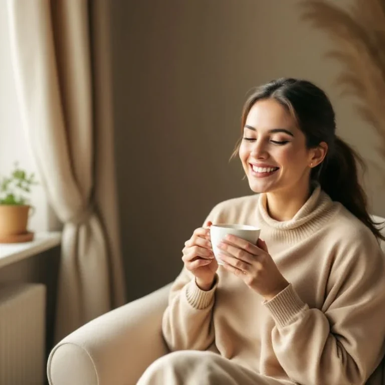 Eine lächelnde Frau in beiger Kleidung hält eine Tasse in einem gemütlichen Raum.