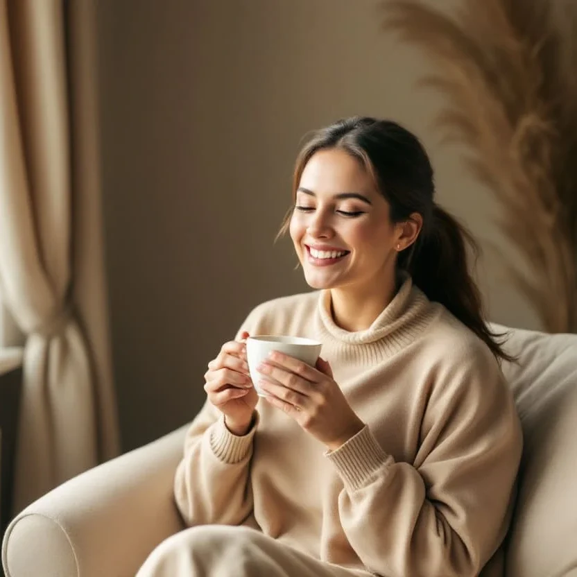 Frau in beigem Outfit sitzt bequem und trinkt lächelnd aus einer Tasse.