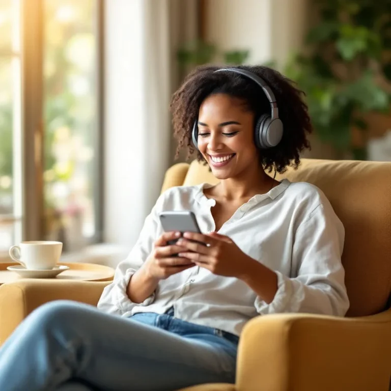 Junge Frau mit Kopfphones sitzt auf einem Sofa und schaut auf ihr Smartphone.