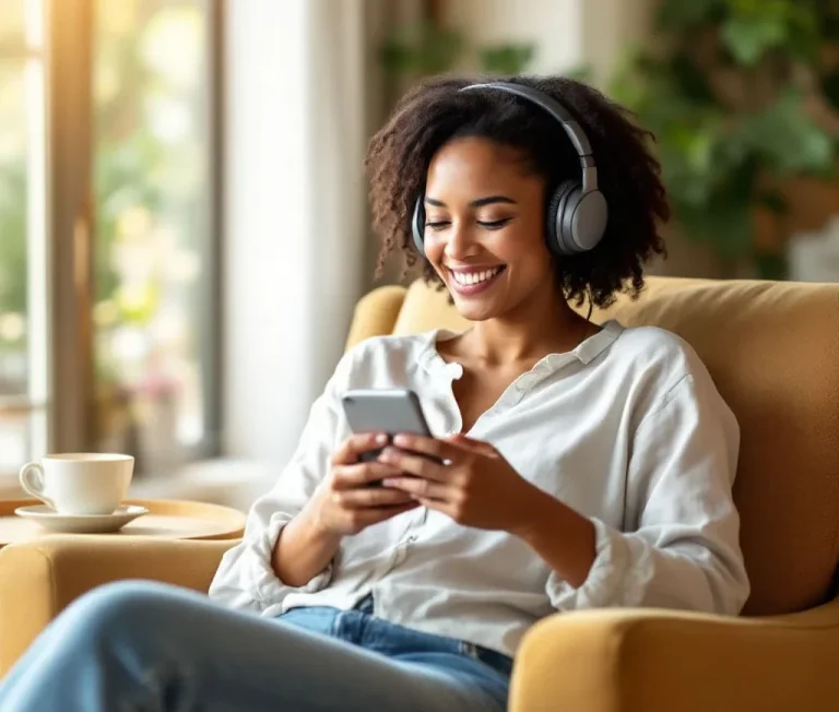 Junge Frau mit Kopfhörern entspannt auf einem Sessel und nutzt ihr Smartphone.